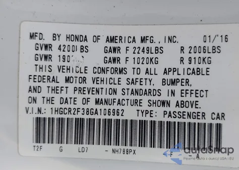 2016 Honda Accord Lx z USA, uszkodzony, nr VIN 1HGCR2F38GA106962